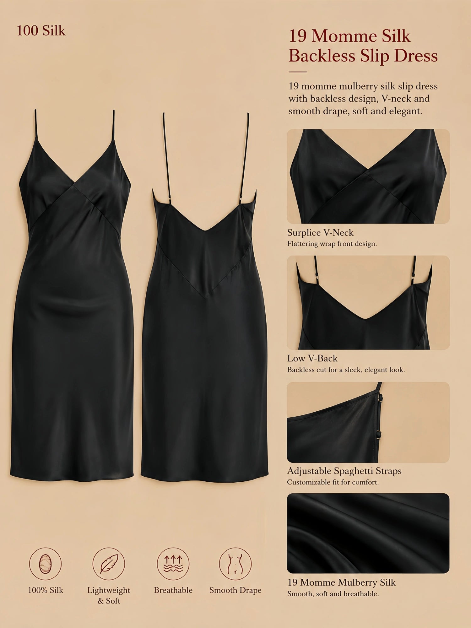 Olive green 19 momme silk knee-length slip dress with low V-back, wrapped V-front, and slim straps