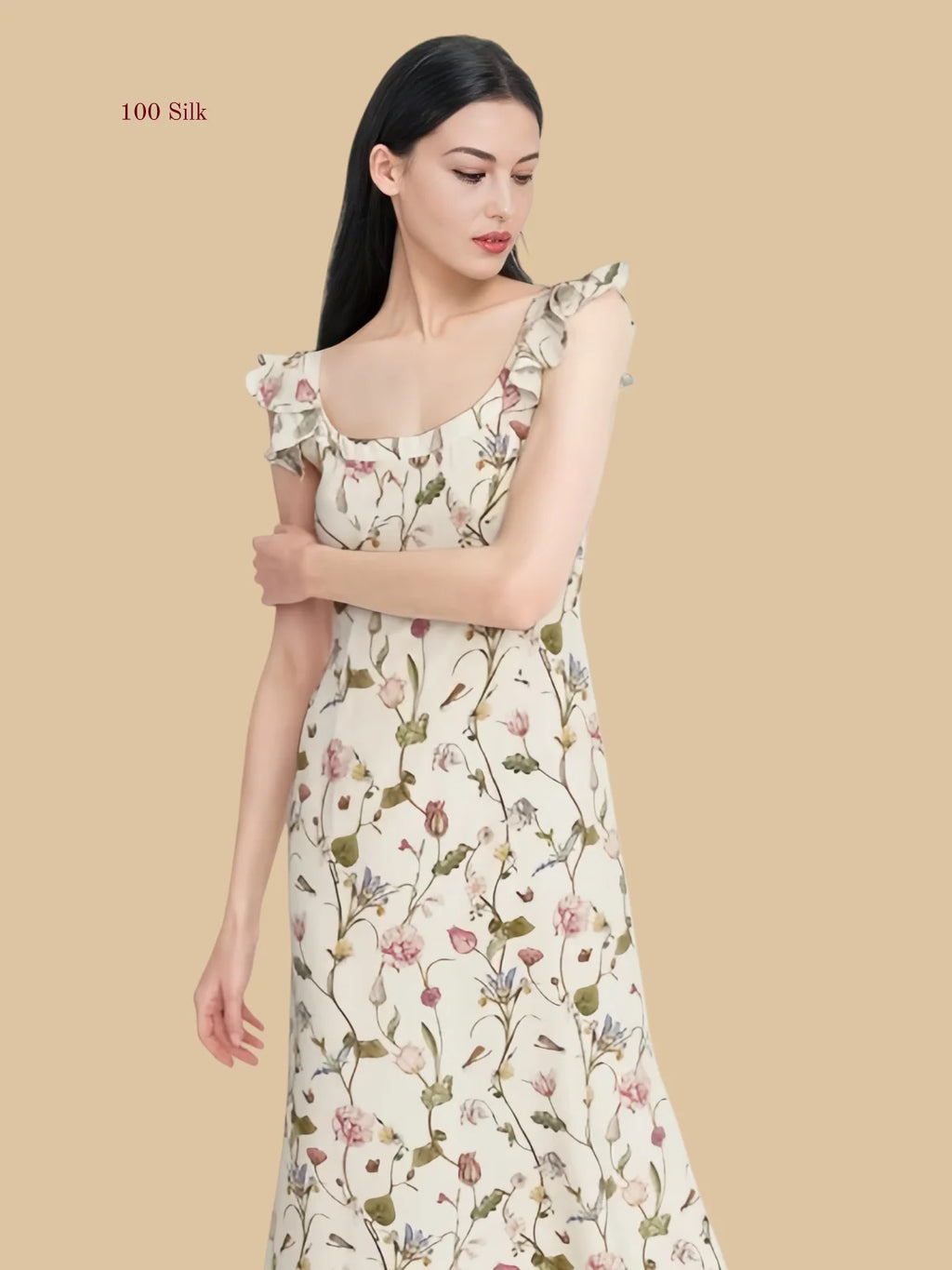 White floral 19mm silk maxi dress front view with flutter shoulder straps and square neckline