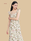 White floral 19mm silk maxi dress front view with flutter shoulder straps and square neckline