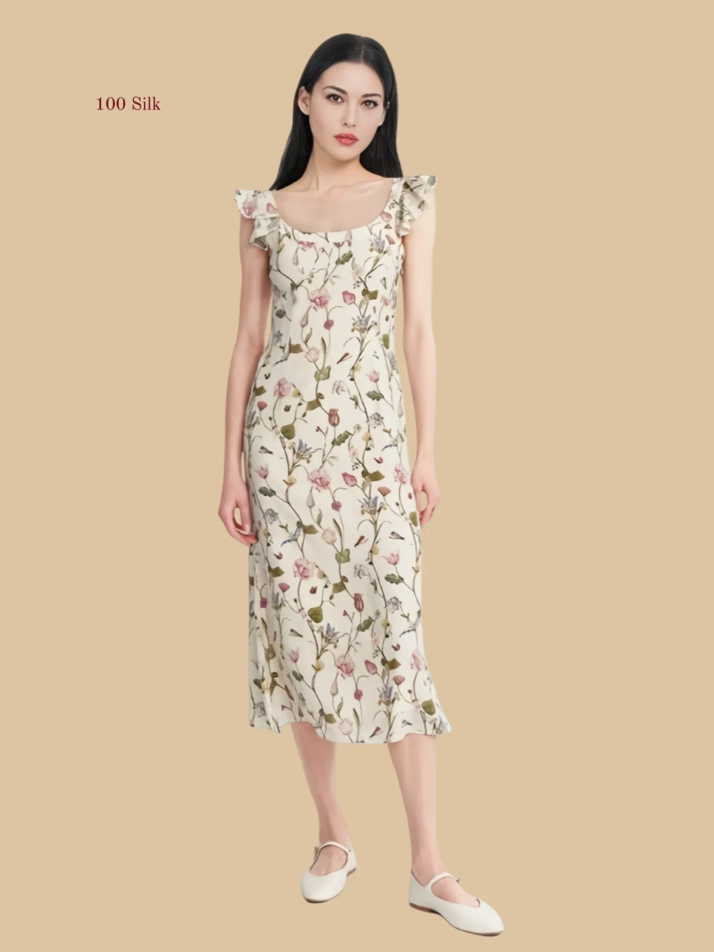White floral 19mm silk maxi dress front view with flutter shoulder straps and square neckline