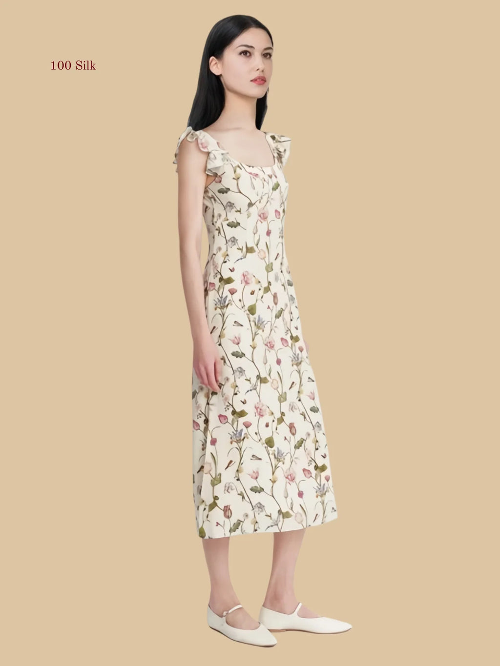 White floral 19mm silk maxi dress front view with flutter shoulder straps and square neckline