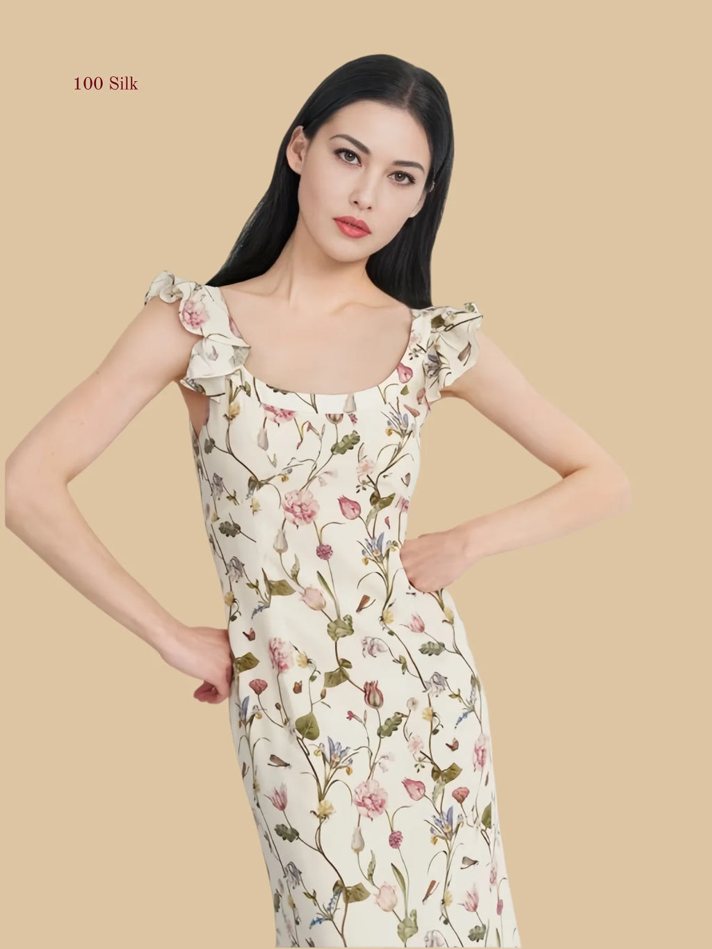 White floral 19mm silk maxi dress front view with flutter shoulder straps and square neckline