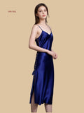 front view of 19mm silk side lace-up slip dress in blue