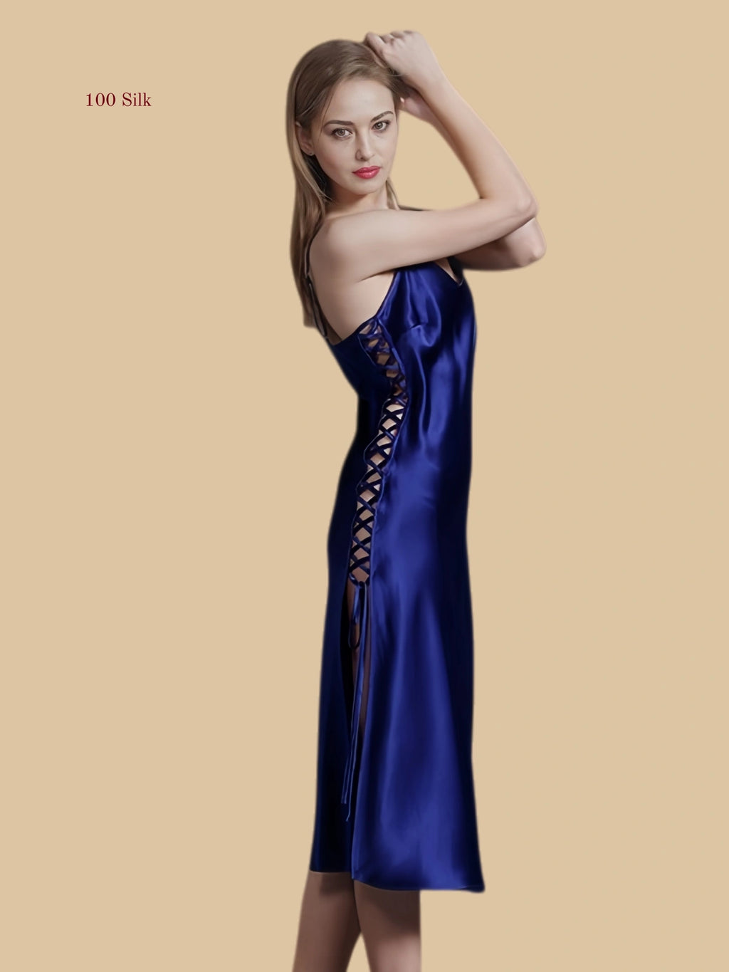 blue silk slip dress with lace-up side slit detail