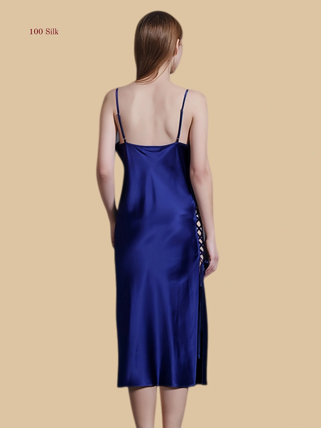 back view of silk midi slip dress with spaghetti straps