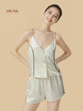 Front view of an ivory 19mm silk short set with a button-front camisole, slim straps and contrast piping.