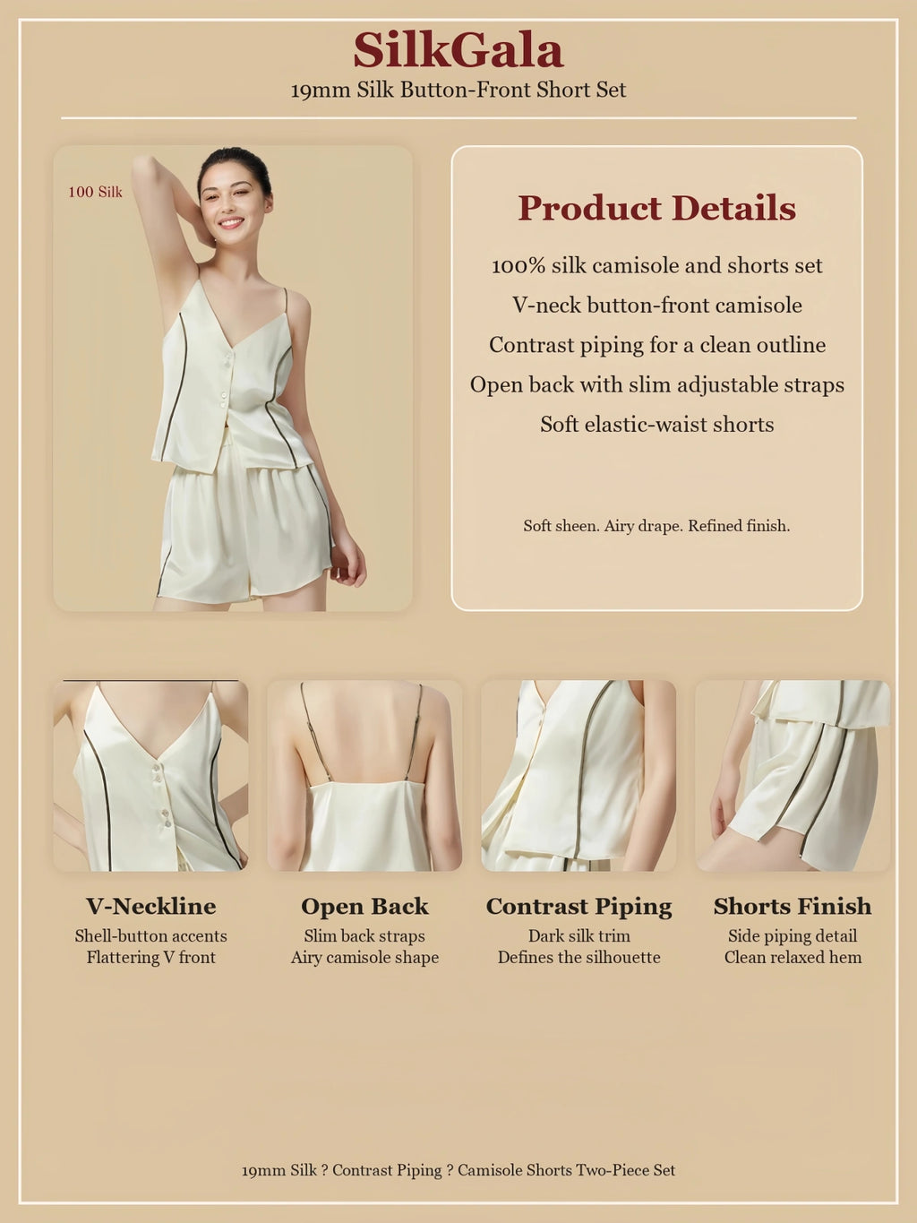 Detail collage of an Pear Blossom White 19mm silk short set showing the V-neckline, open back, contrast piping and relaxed tailored shorts.