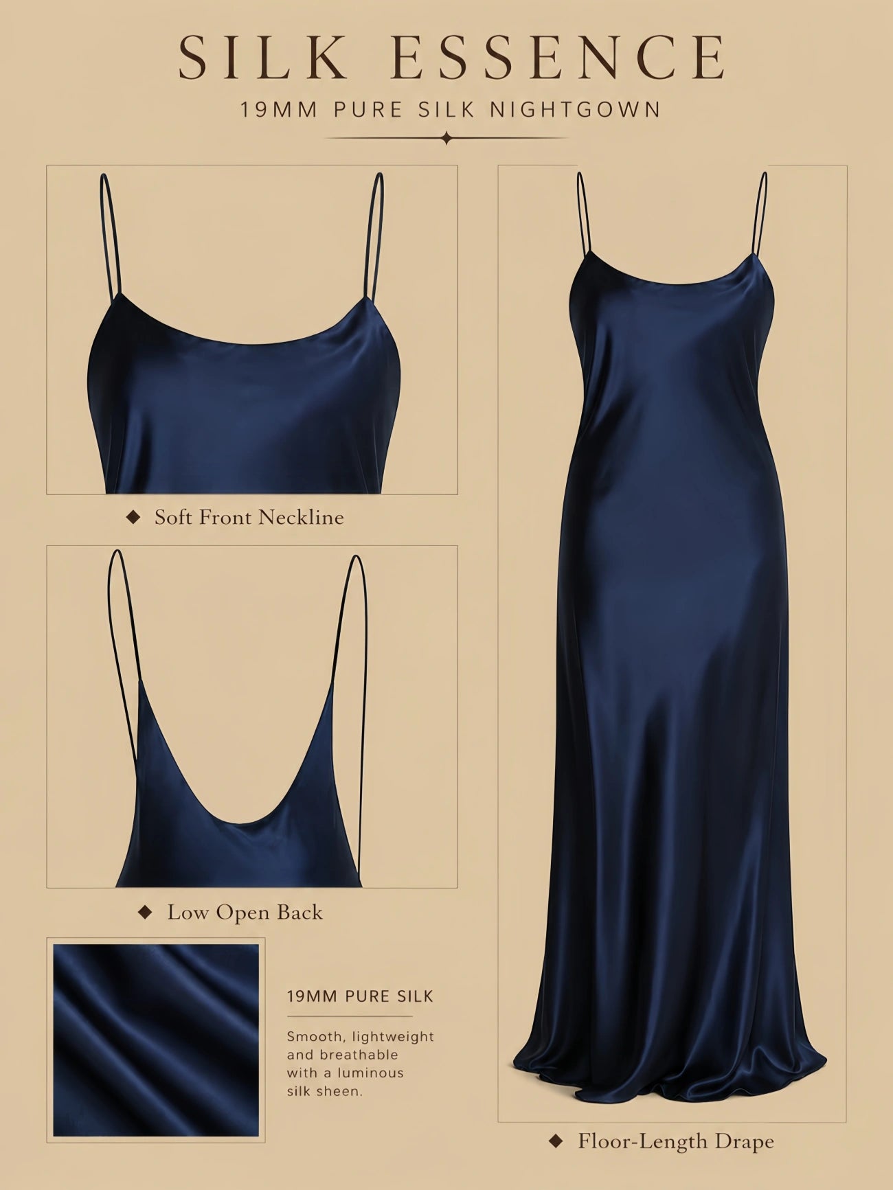Navy 19mm silk backless nightgown detail collage with scoop neckline, deep low back, and floor-length drape.