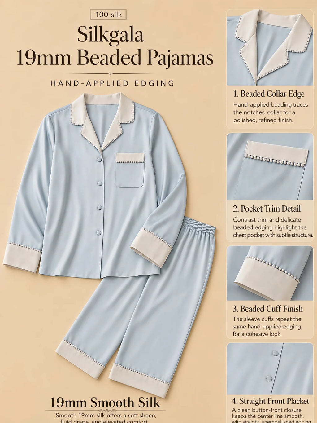 Silkgala 19mm beaded silk pajama set flat lay in light blue with white notched collar, hand-applied beaded edging, contrast pocket trim, white beaded cuffs, smooth straight front placket, and matching beaded pant hems on beige background.
