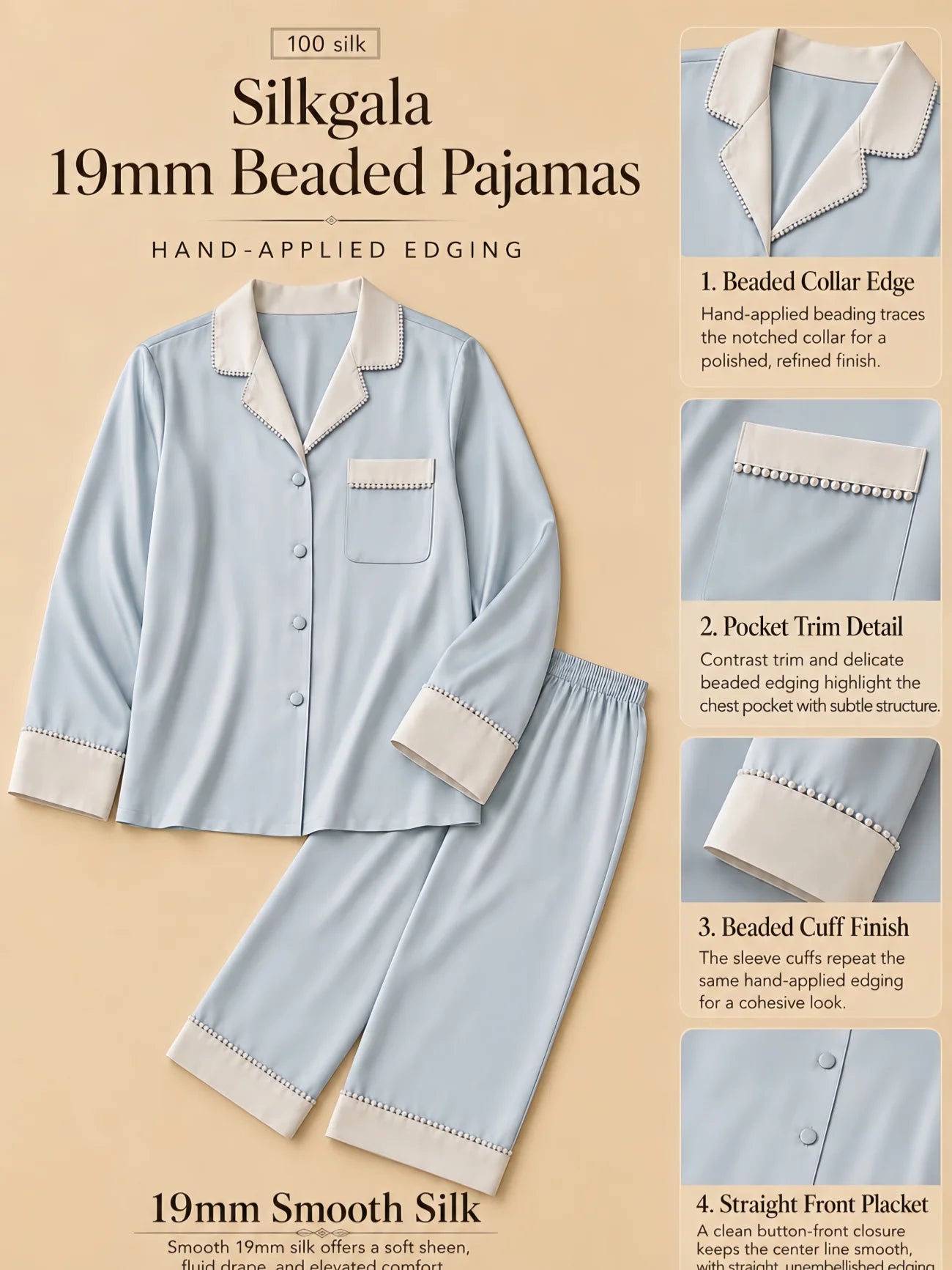 Silkgala 19mm beaded silk pajama set flat lay in light blue with white notched collar, hand-applied beaded edging, contrast pocket trim, white beaded cuffs, smooth straight front placket, and matching beaded pant hems on beige background.