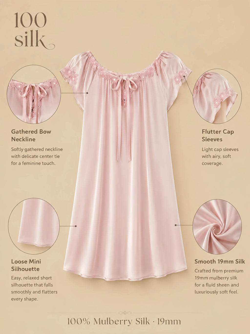 Silkgala 19mm 100% mulberry silk bow-neck sleep dress detail image showing a gathered bow neckline, flutter cap sleeves, loose mini silhouette, and smooth silk drape.