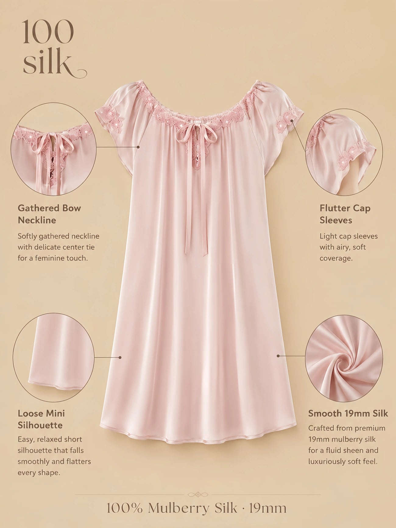 Silkgala 19mm 100% mulberry silk bow-neck sleep dress detail image showing a gathered bow neckline, flutter cap sleeves, loose mini silhouette, and smooth silk drape.