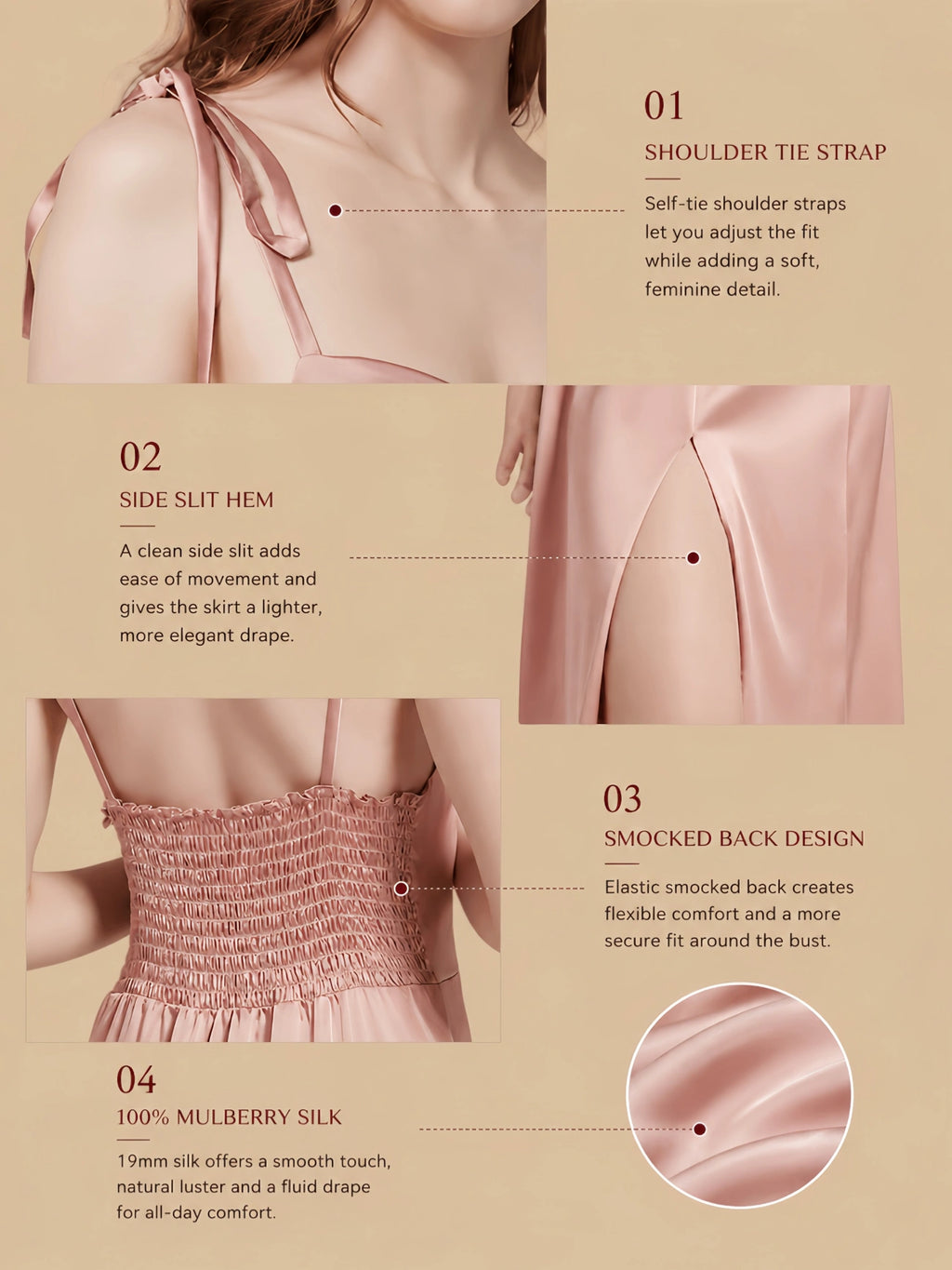 Pink 19mm silk slip dress with shoulder tie straps, side slit hem, smocked back, and soft silk drape