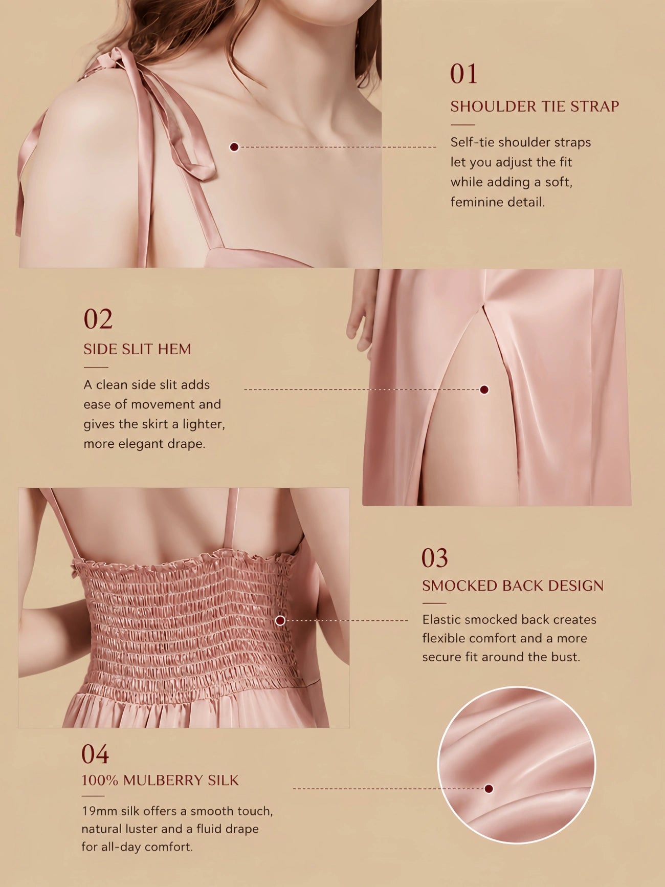 Pink 19mm silk slip dress with shoulder tie straps, side slit hem, smocked back, and soft silk drape