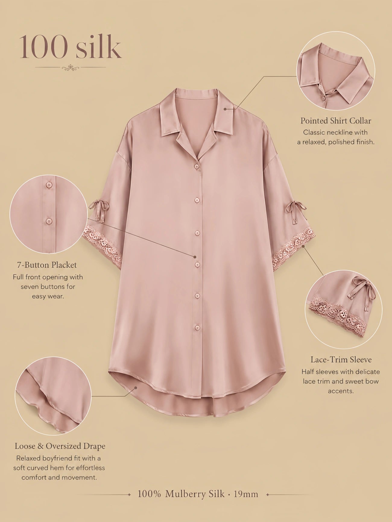 Silkgala 19mm 100% mulberry silk boyfriend sleep shirt detail image showing a pointed collar, 7-button front placket, lace-trim half sleeves, and a loose curved-hem silhouette.