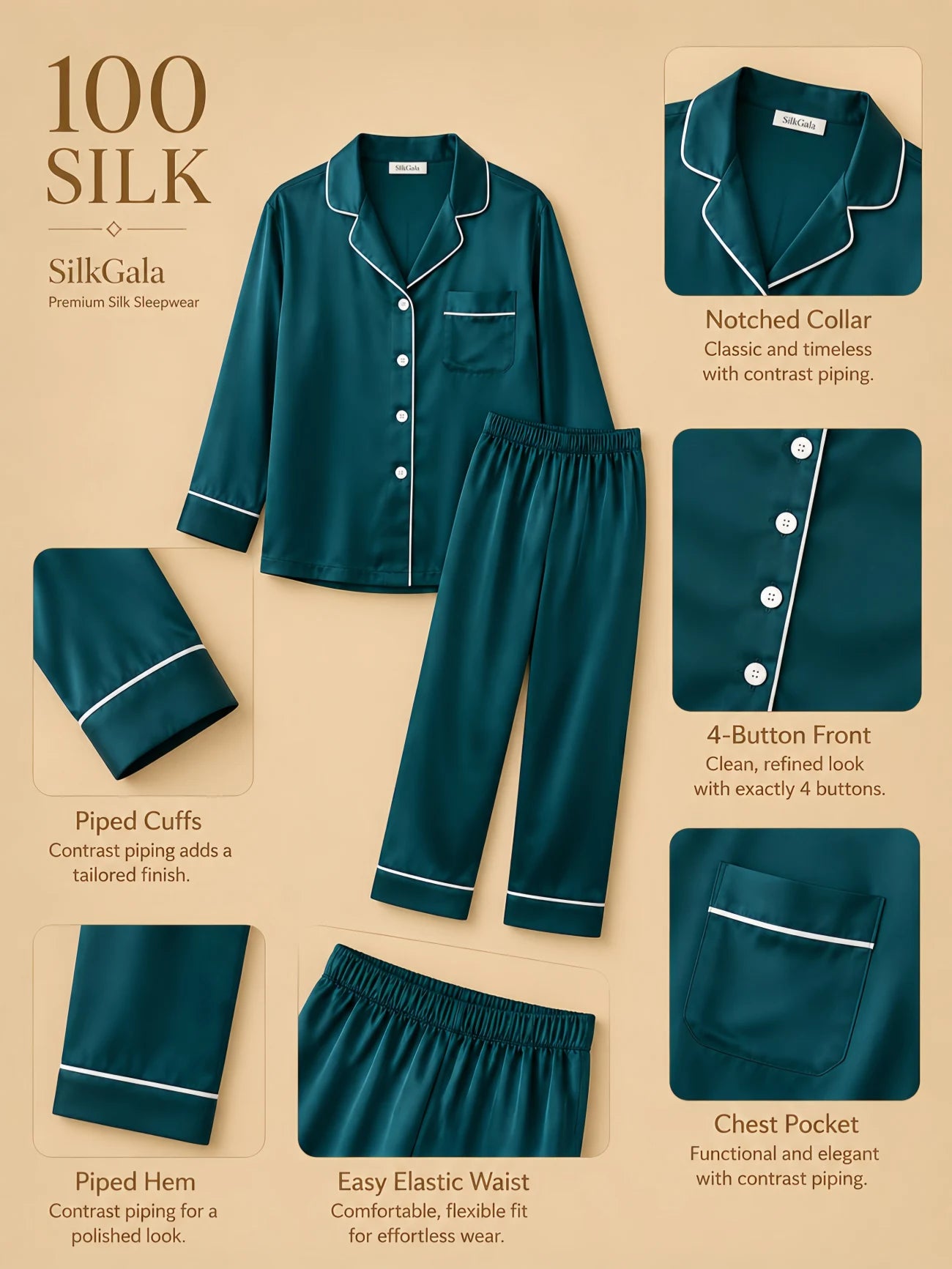 Silkgala 19mm 100% mulberry silk button-up pajama set detail image showing a notched collar, 4 white-button front placket, contrast piping, chest pocket, long sleeves, and full-length pants with piped hems.