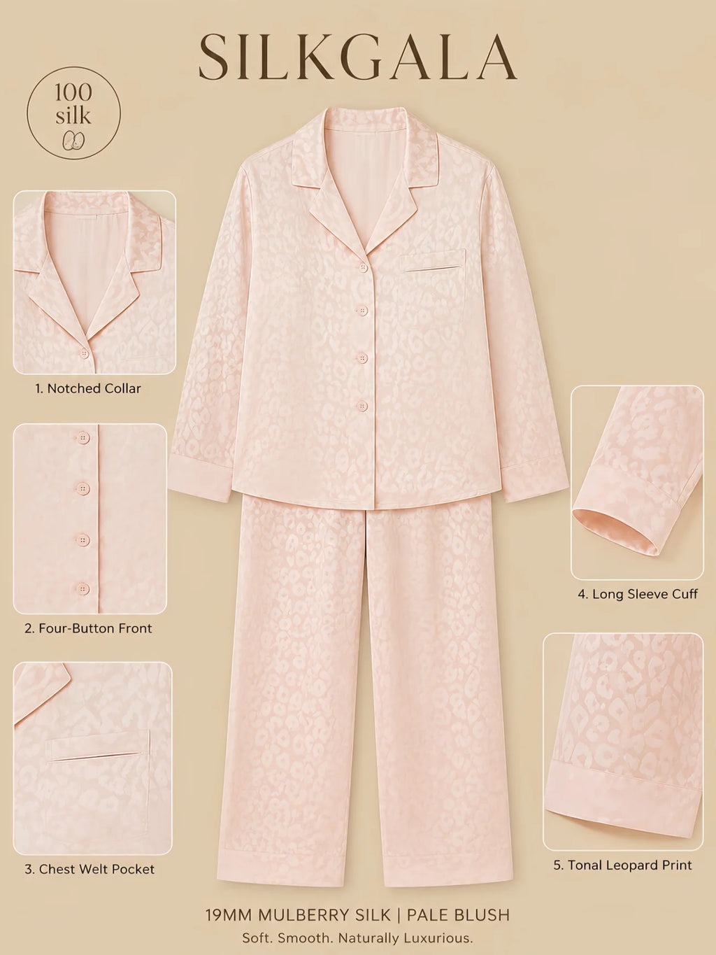 Silkgala 19mm pink mulberry silk pajama set detail graphic showing tonal leopard print, notched collar, four colored exposed front buttons, chest welt pocket, long sleeve cuffs, and straight-leg pants.