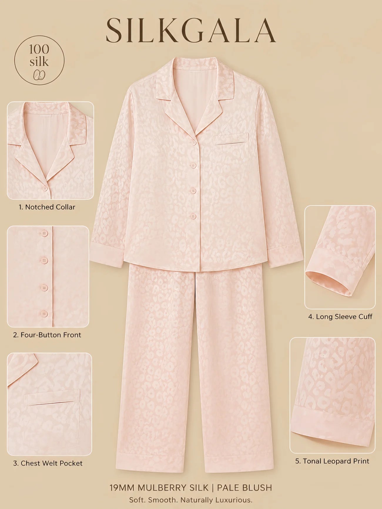 Silkgala 19mm pink mulberry silk pajama set detail graphic showing tonal leopard print, notched collar, four colored exposed front buttons, chest welt pocket, long sleeve cuffs, and straight-leg pants.
