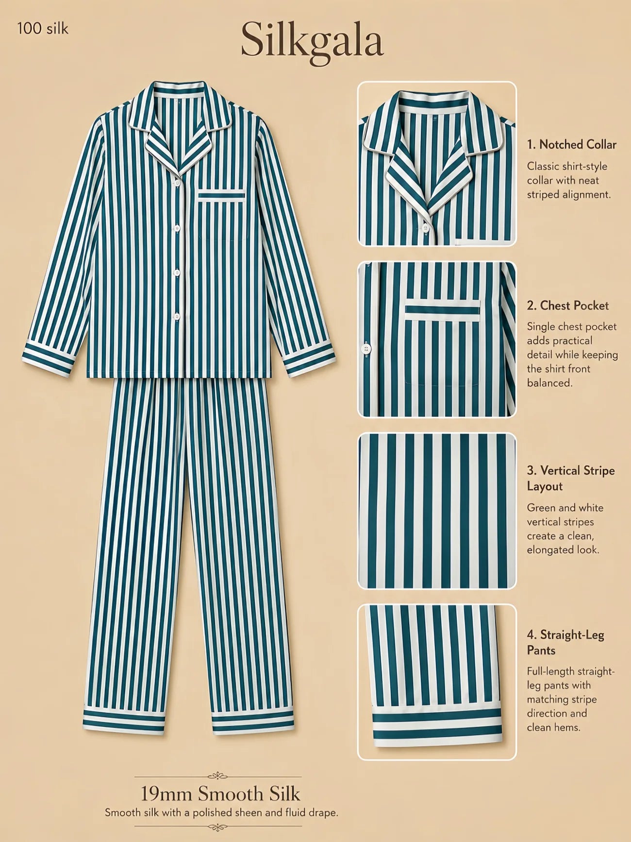 Silkgala 19mm striped silk pajama set flat lay in green and white with vertical stripe layout, notched collar, button-front top, chest pocket, long sleeves, and straight-leg pants on beige background.