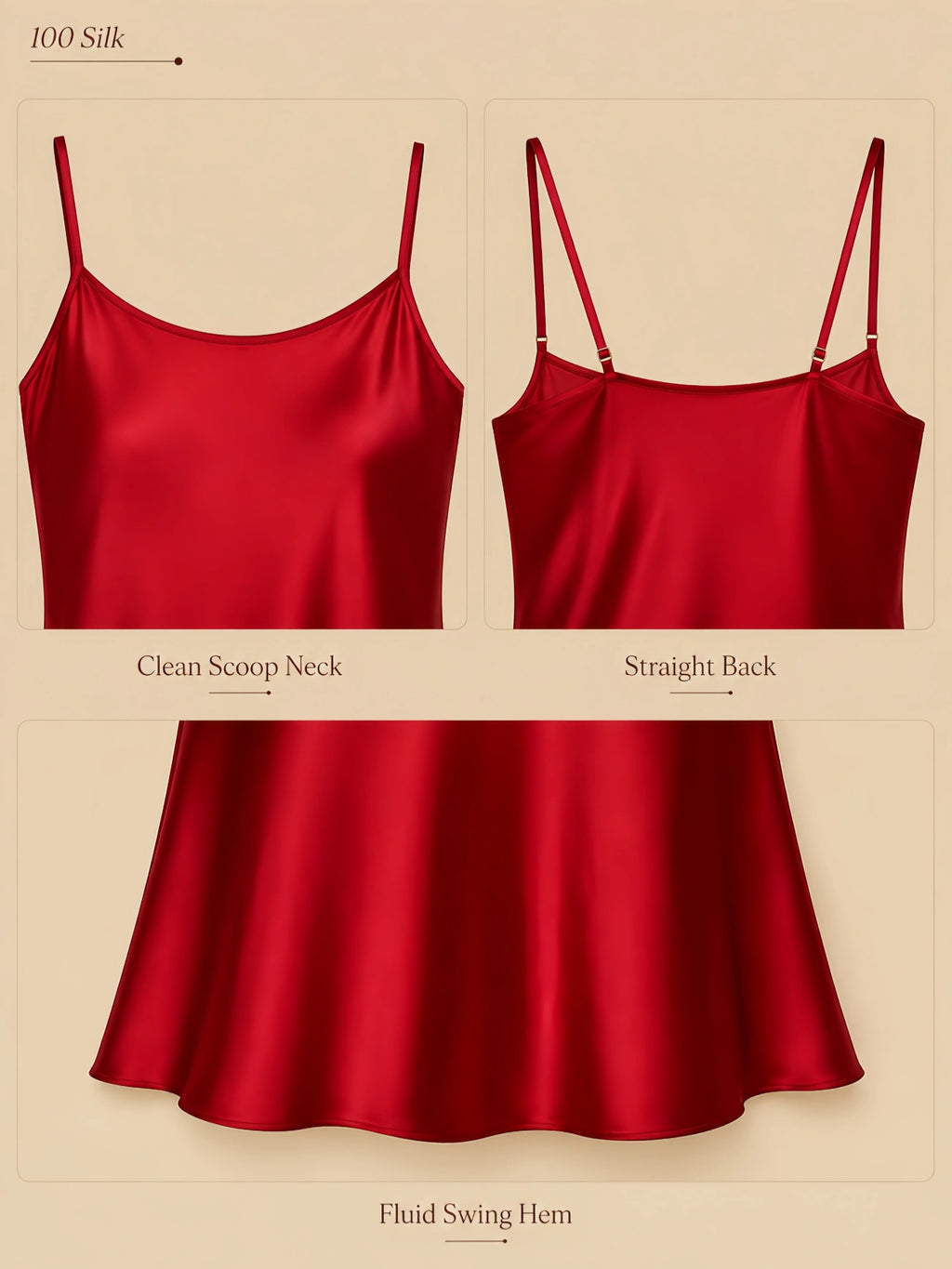 Red 19mm silk camisole slip detail collage showing the clean scoop neckline, straight back straps, and smooth swing hem on a beige background.