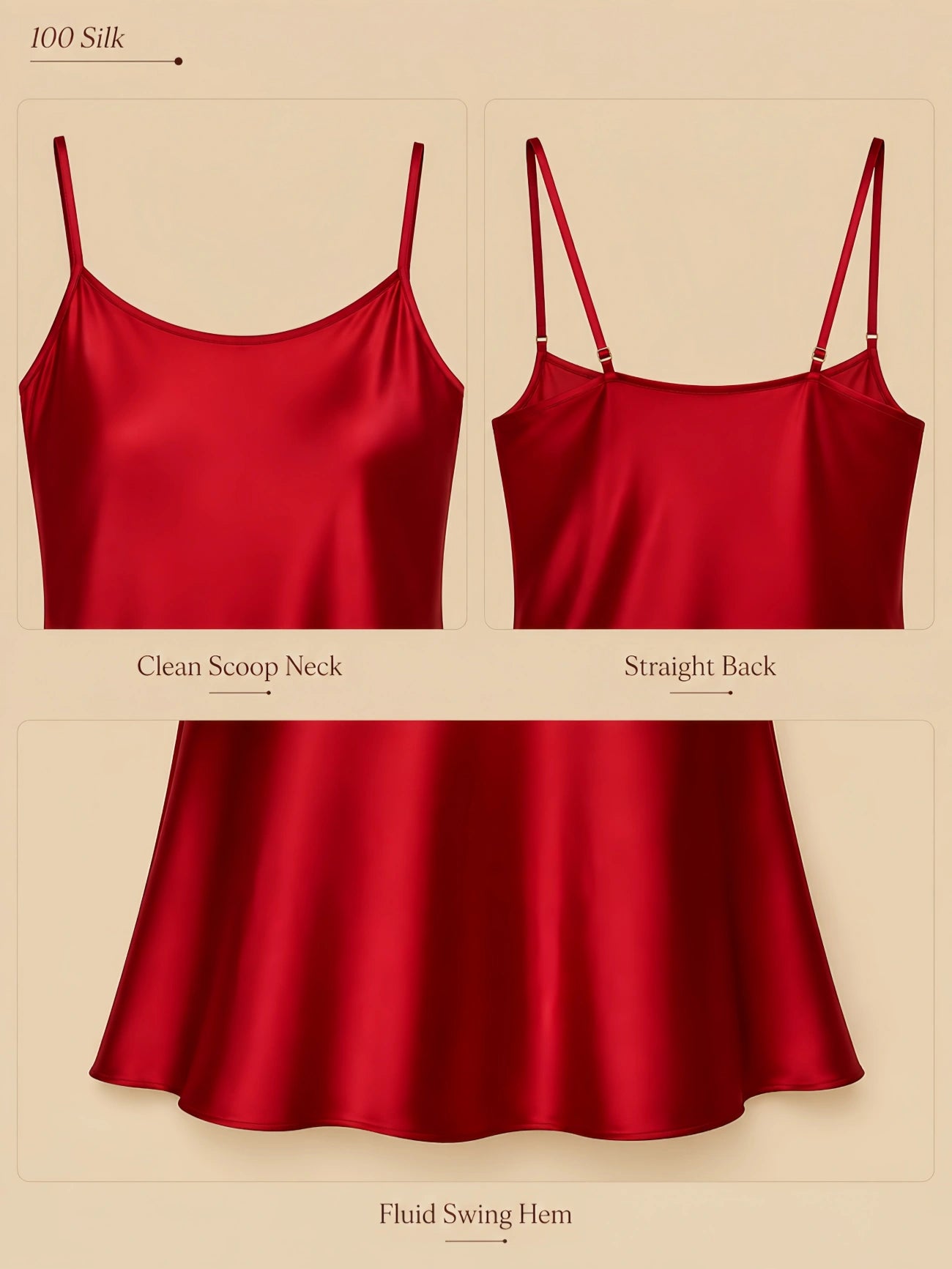Red 19mm silk camisole slip detail collage showing the clean scoop neckline, straight back straps, and smooth swing hem on a beige background.