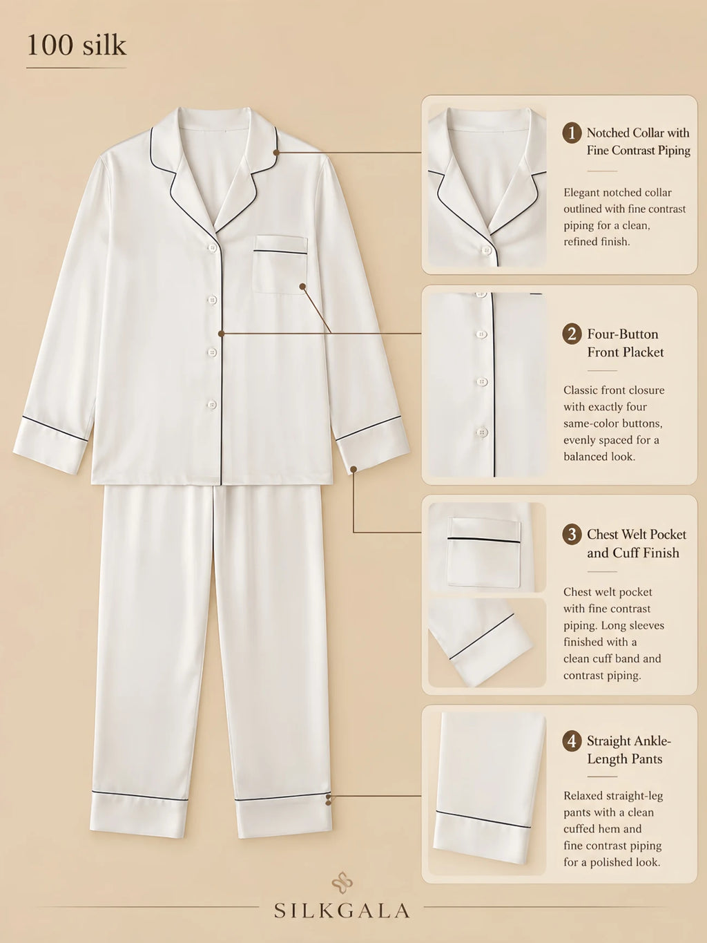 White 19mm mulberry silk lounge set with fine contrast piping, notched collar, four same-color front buttons, chest welt pocket, cuffed sleeves, and ankle-length straight pants shown in a flat-lay product detail image.