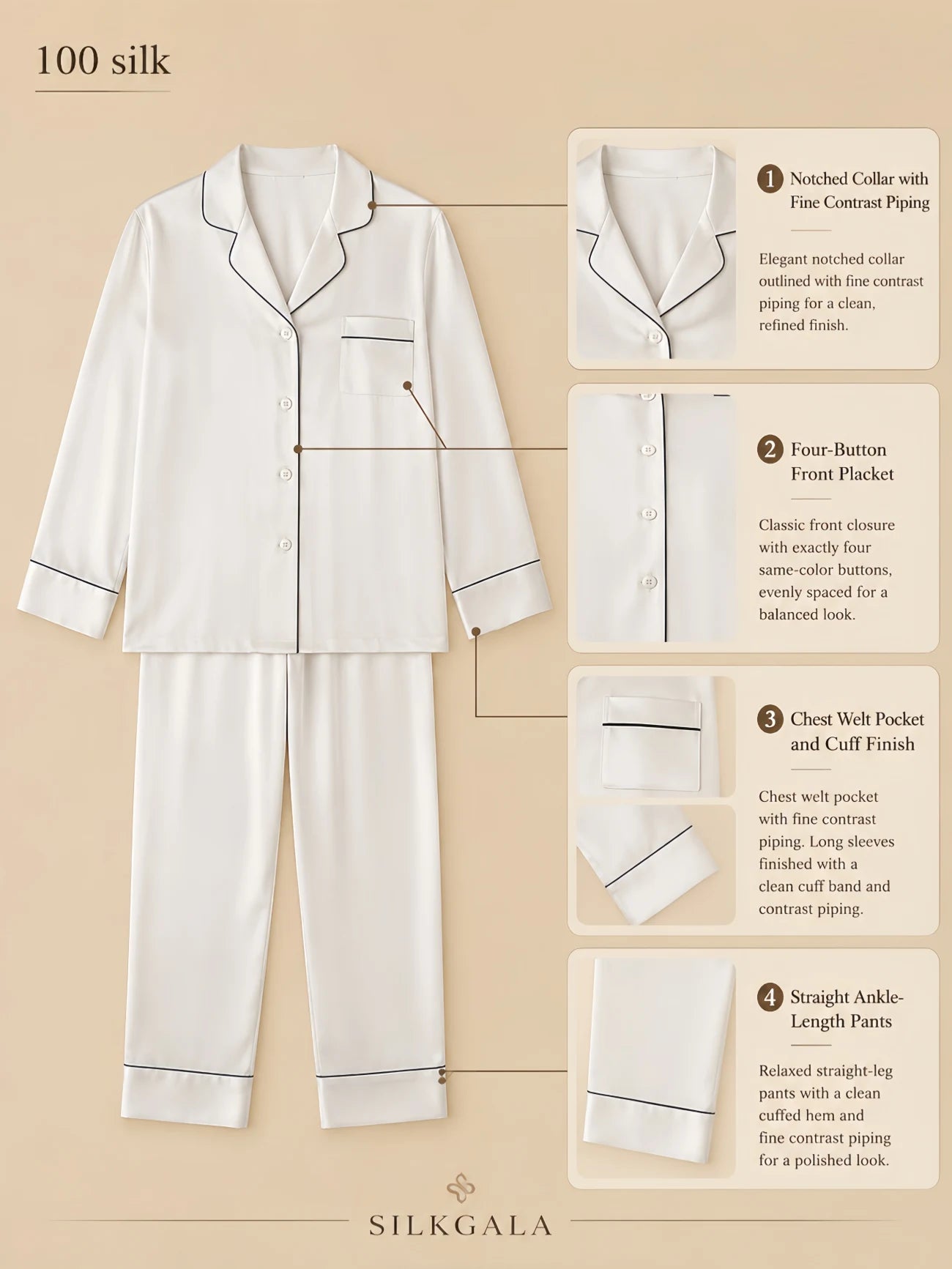 White 19mm mulberry silk lounge set with fine contrast piping, notched collar, four same-color front buttons, chest welt pocket, cuffed sleeves, and ankle-length straight pants shown in a flat-lay product detail image.