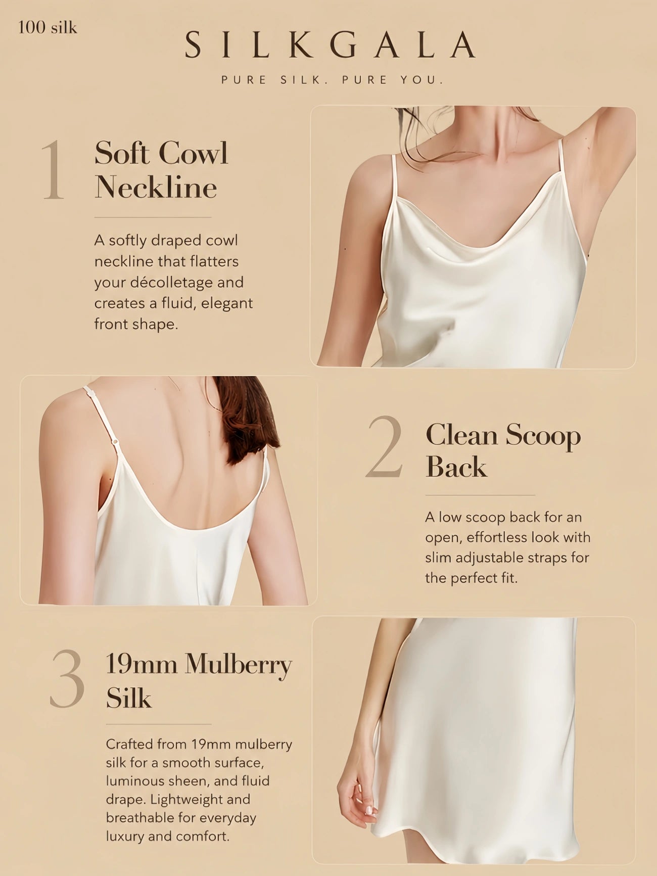 19mm silk cowl neck slip with clean scoop back, slim straps, and fluid silk drape