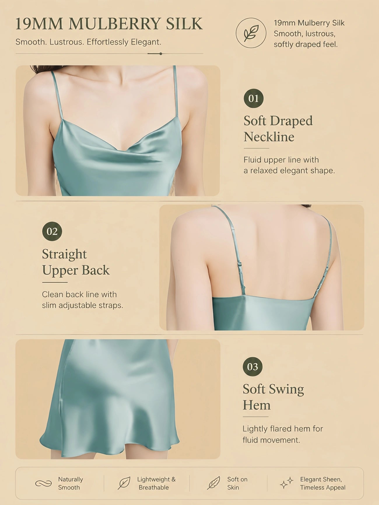 19mm draped-neck silk nightgown with straight back, adjustable straps, and soft swing hem