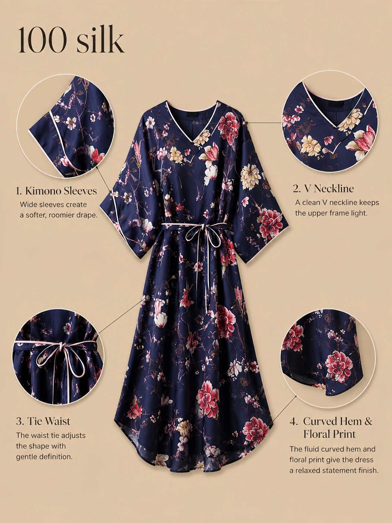 Silkgala 19mm 100% mulberry silk floral lounge dress detail image showing kimono sleeves, a V neckline, tie waist, all-over floral print, and a curved hem.