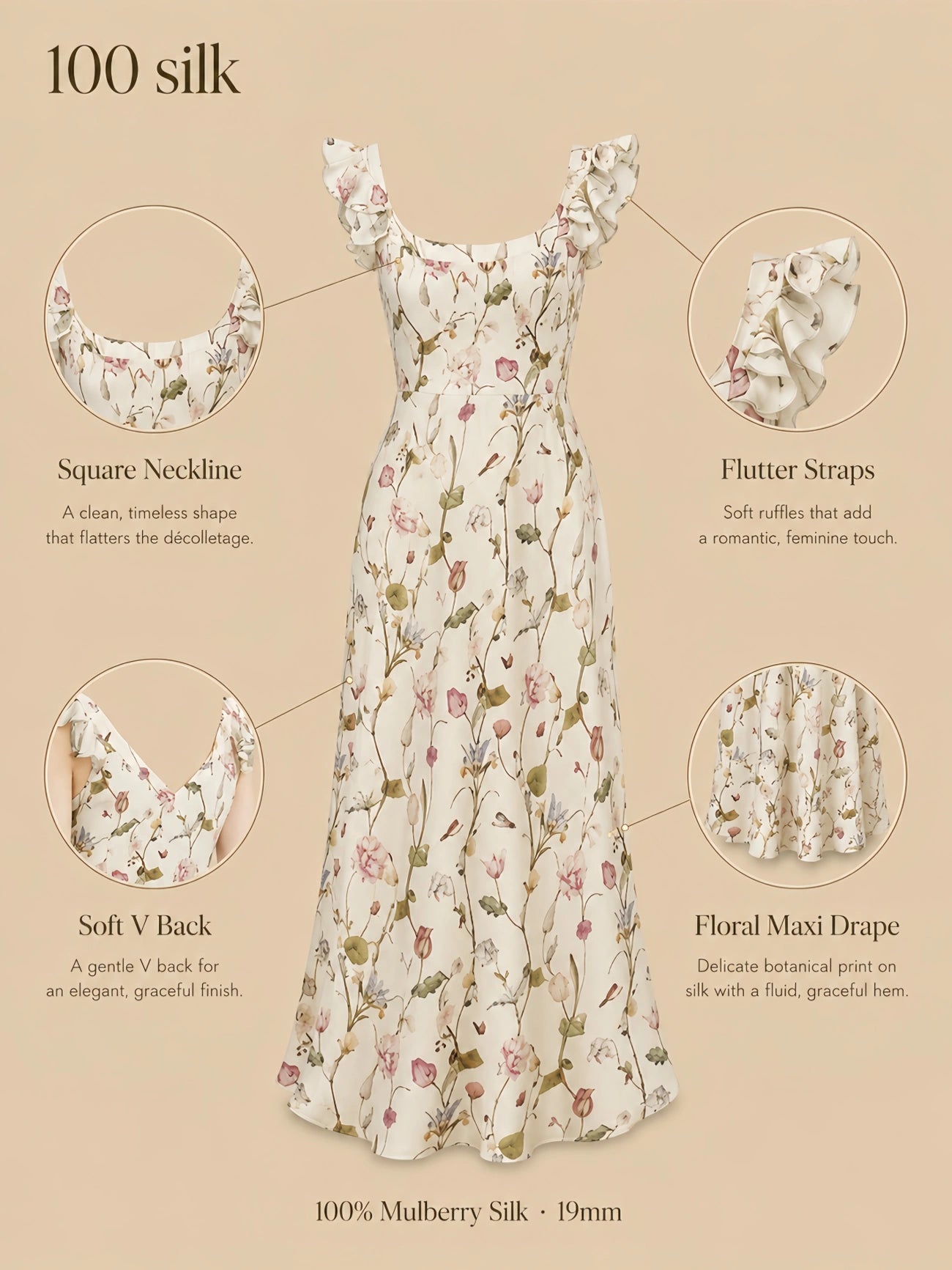 Silkgala 19mm 100% mulberry silk floral maxi dress detail image showing a square neckline, flutter straps, soft V back, all-over botanical print, and fluid maxi drape.