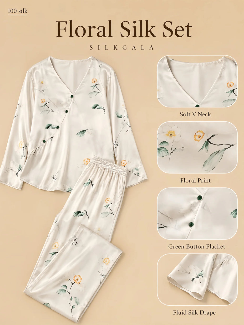 Silkgala 19mm floral silk pajama set flat lay in ivory with soft V neckline, floral print, green button placket, long sleeves, and relaxed full-length pants on beige background.