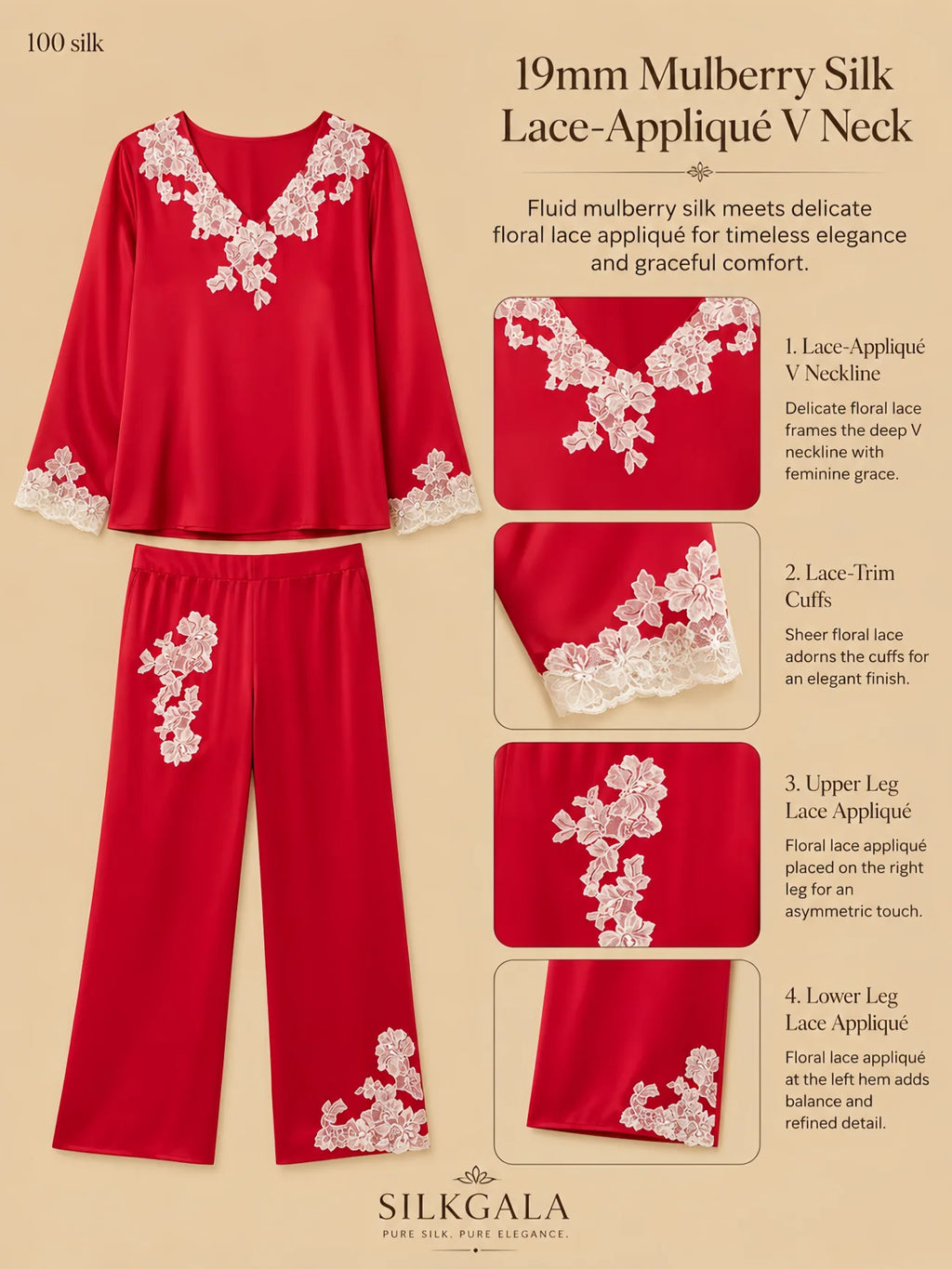 19mm mulberry silk red sleep set with lace-appliqué V neckline, lace-trim cuffs, and asymmetric floral lace details on the trousers.