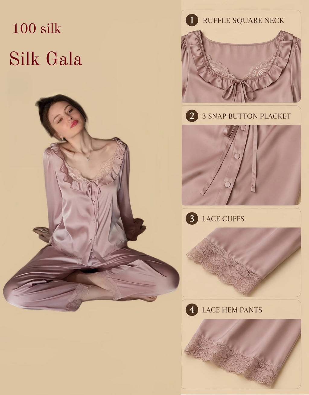 Silkgala 19mm French style silk lounge set flat lay in taupe pink with ruffle-trim square neckline, front tie, 3 snap button placket, lace cuffs, and lace-trim full-length pants on beige background.