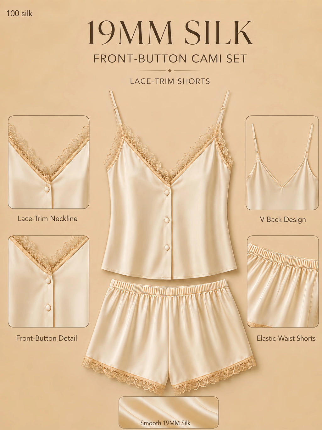 19mm champagne silk front-button cami short set with V-back, lace-trim neckline, three buttons, and lace-trim shorts