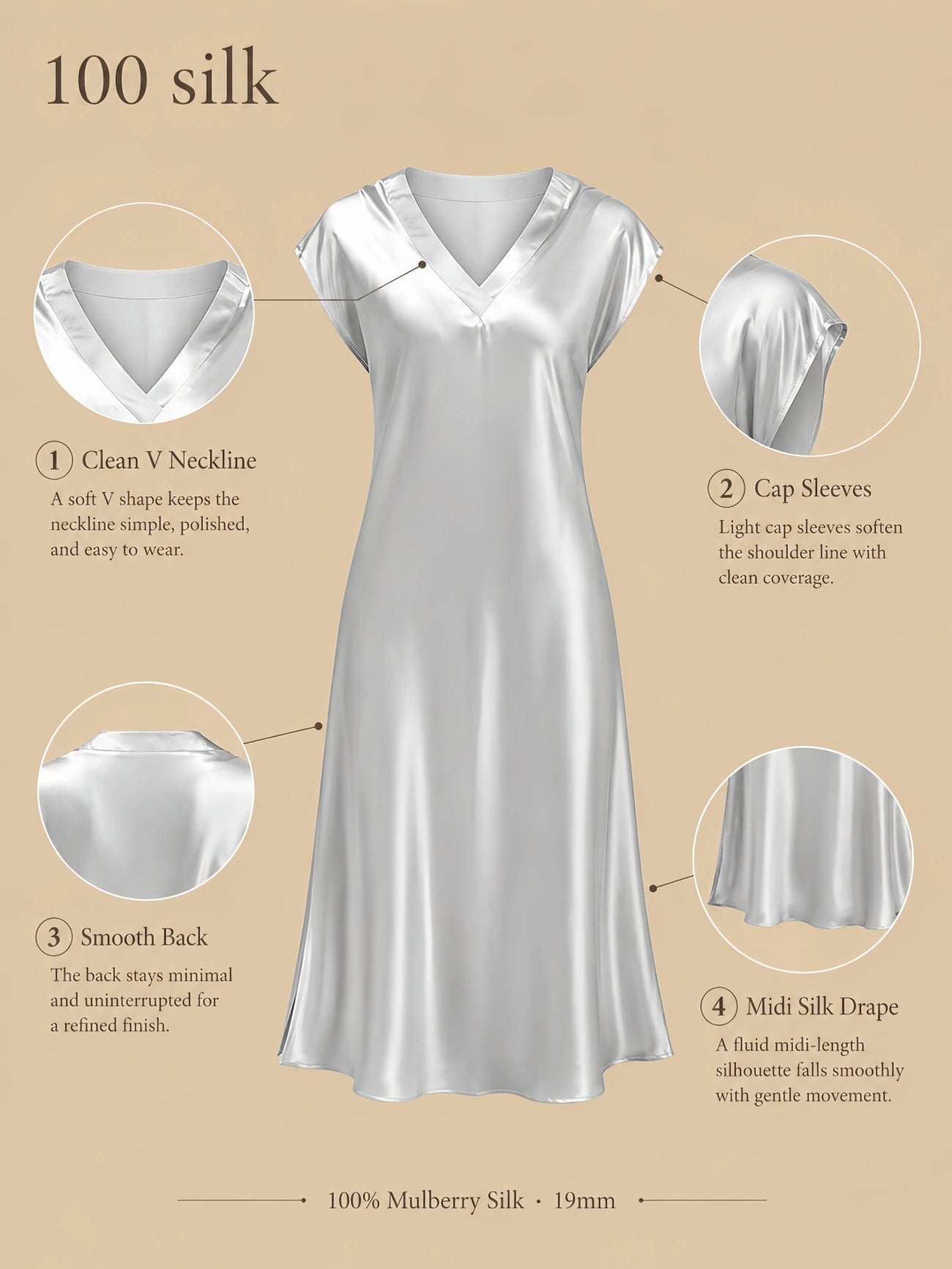 Silkgala 19mm 100% mulberry silk lounge dress detail image showing a clean V neckline, cap sleeves, smooth back, and fluid midi drape.