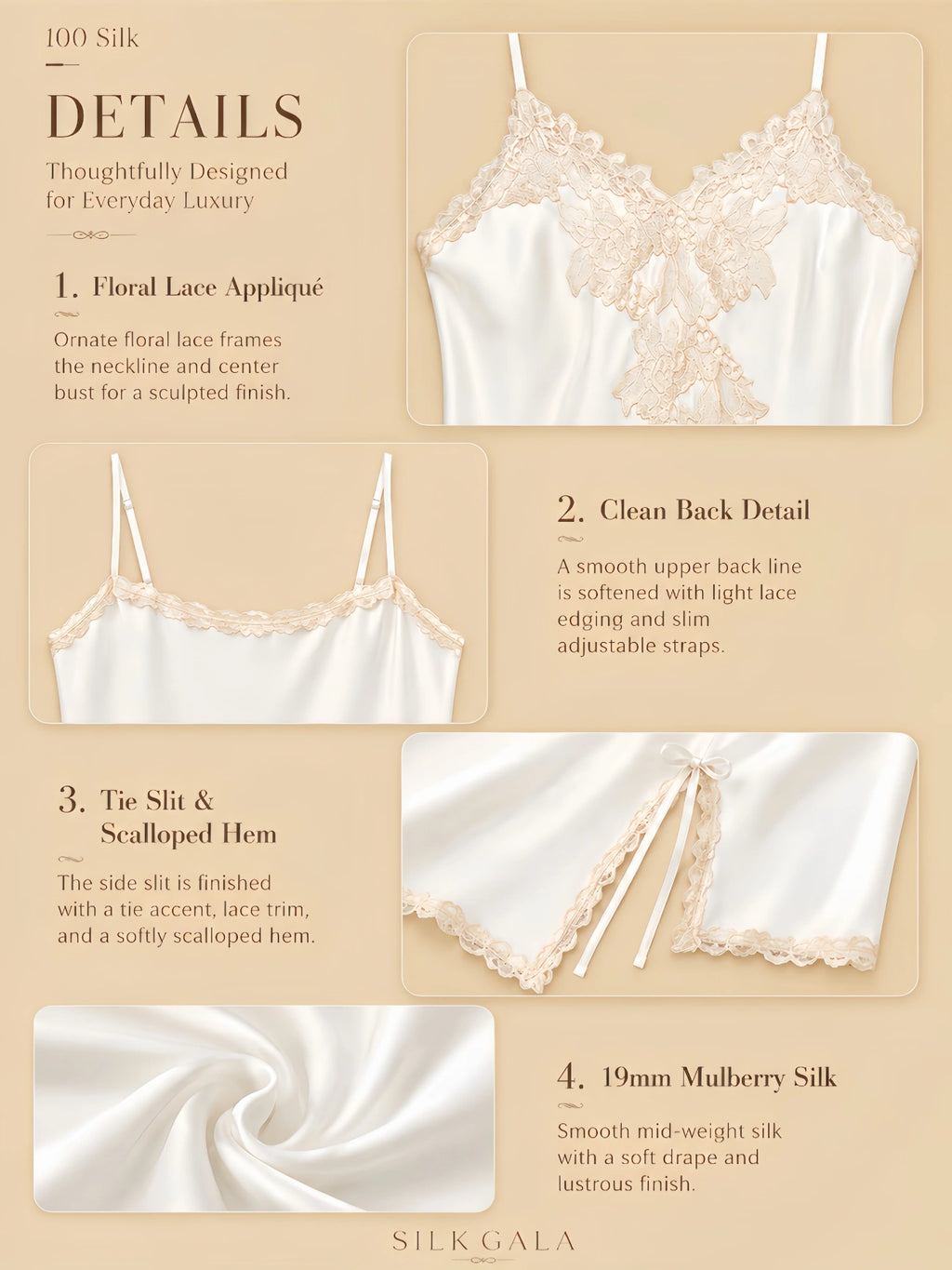 Detail collage of an ivory 19mm silk nightgown with floral lace appliqué, a scalloped back, and a tie side slit hem.