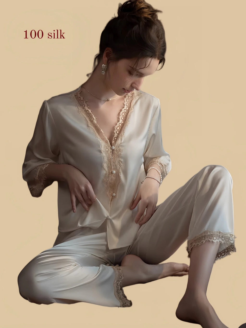 Silkgala 19mm lace-placket silk pajama set in off-white with scalloped V neckline, lace trim cuffs, button front, and relaxed full-length pants.