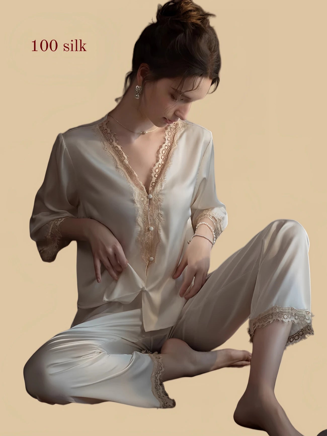 Silkgala 19mm lace-placket silk pajama set in off-white with scalloped V neckline, lace trim cuffs, button front, and relaxed full-length pants.