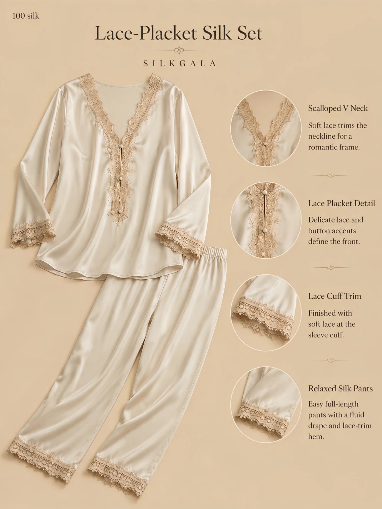 Silkgala 19mm lace-placket silk pajama set flat lay in off-white with scalloped V neckline, lace placket detail, lace-trim cuffs, and relaxed full-length pants on beige background.