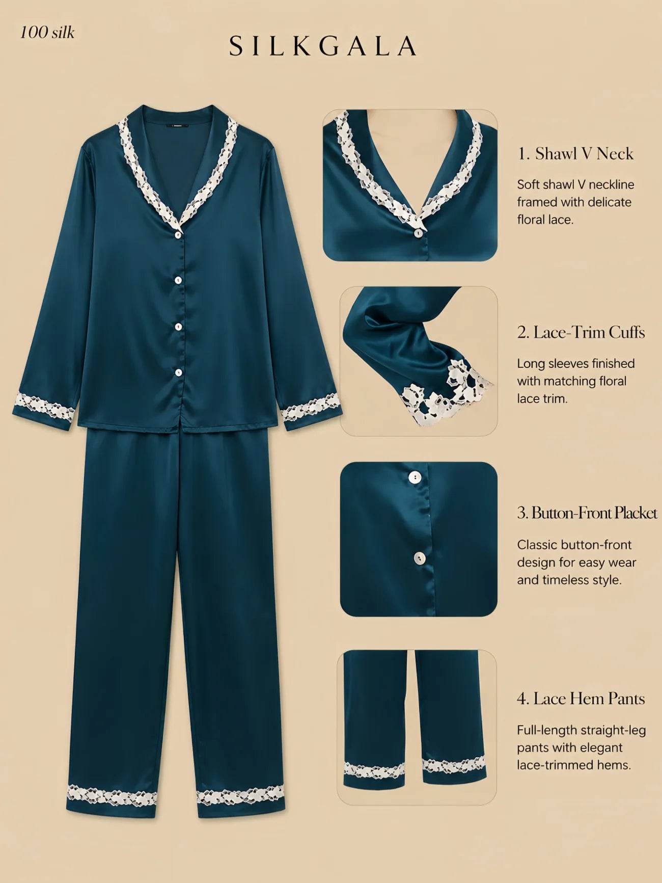Silkgala 19mm lace-trim silk pajama set flat lay in deep green with shawl V neckline, floral lace trim, button-front top, lace cuffs, and lace-hem full-length pants on beige background.
