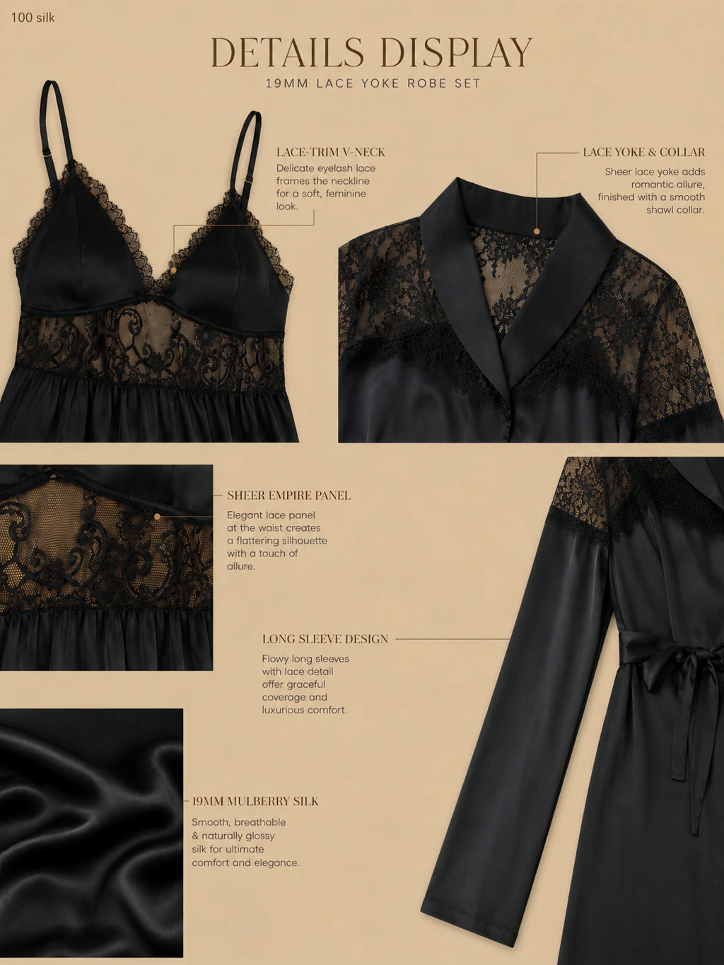 Black 19mm silk robe set with lace V bodice, sheer empire panel, shawl collar, straight sleeves, and smooth silk drape