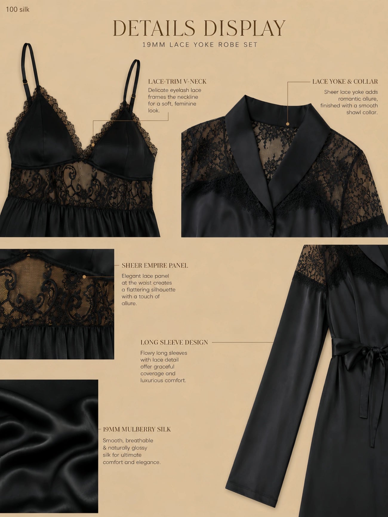 Black 19mm silk robe set with lace V bodice, sheer empire panel, shawl collar, straight sleeves, and smooth silk drape