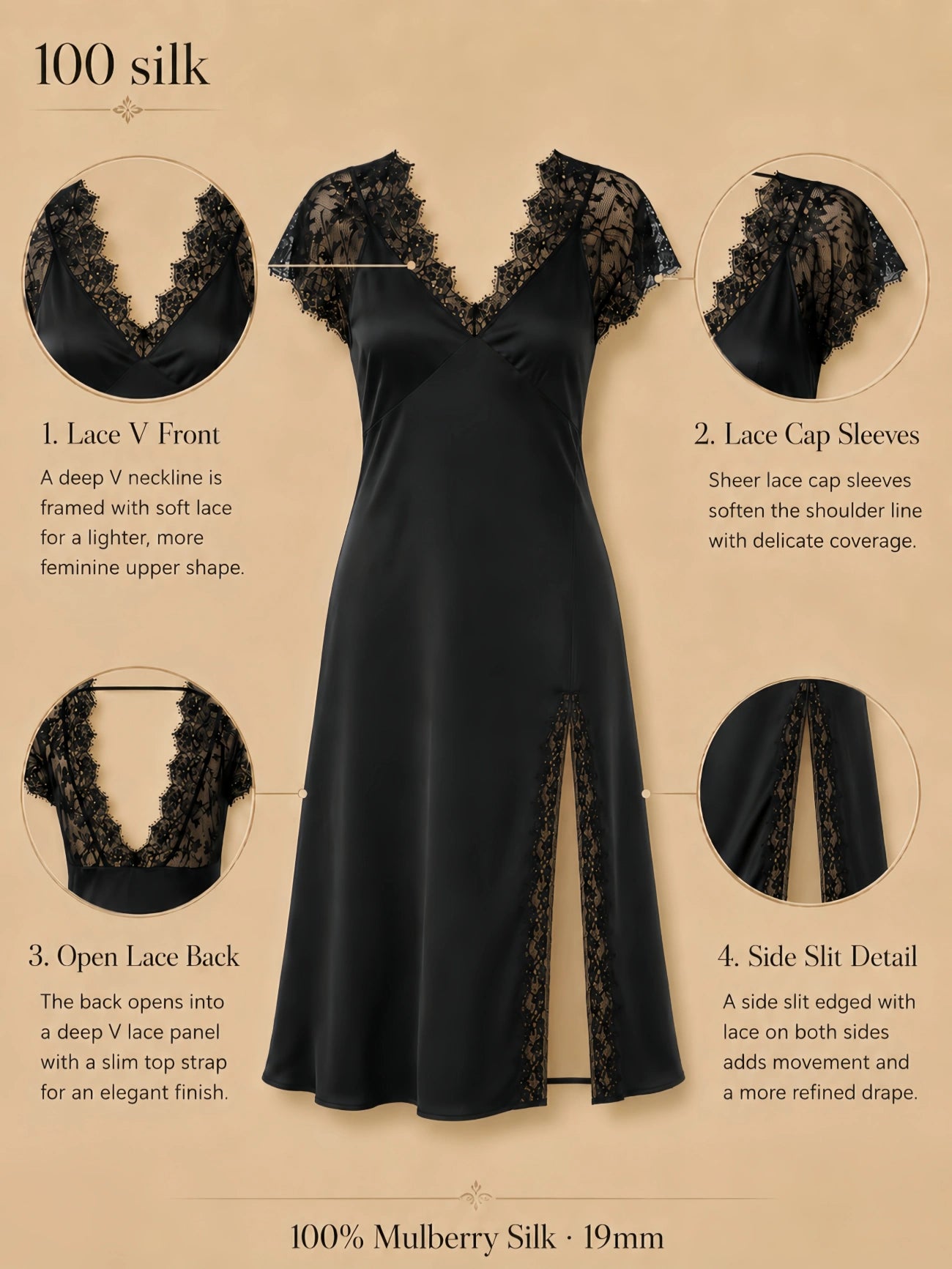Silkgala 19mm 100% mulberry silk lace-back sleep dress detail image showing a lace V front, sheer lace cap sleeves, open lace back, and shortened side slit with lace trim on both sides.