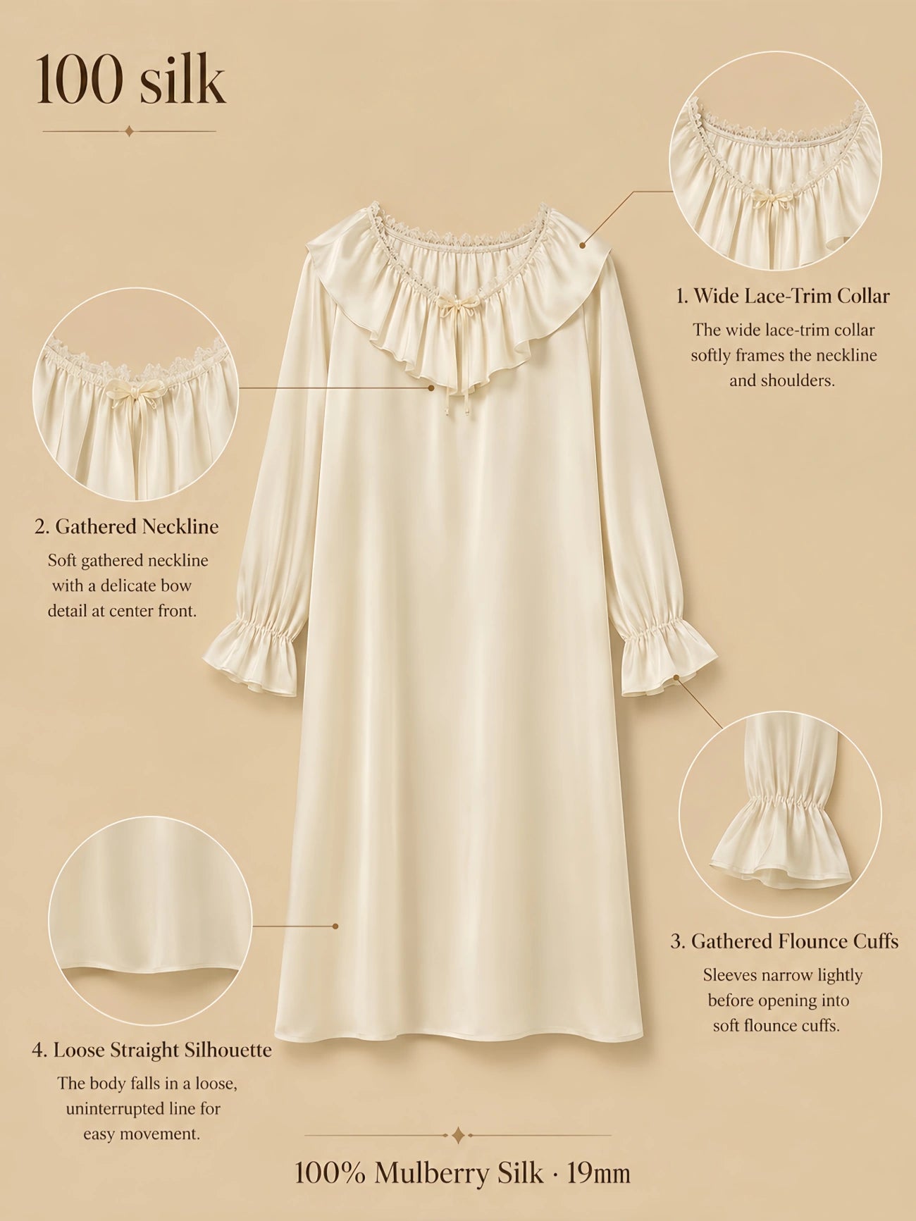 Silkgala 19mm 100% mulberry silk lace collar nightgown detail image showing a wide lace-trim collar, gathered neckline with bow detail, flounce cuffs, and a loose straight silhouette.