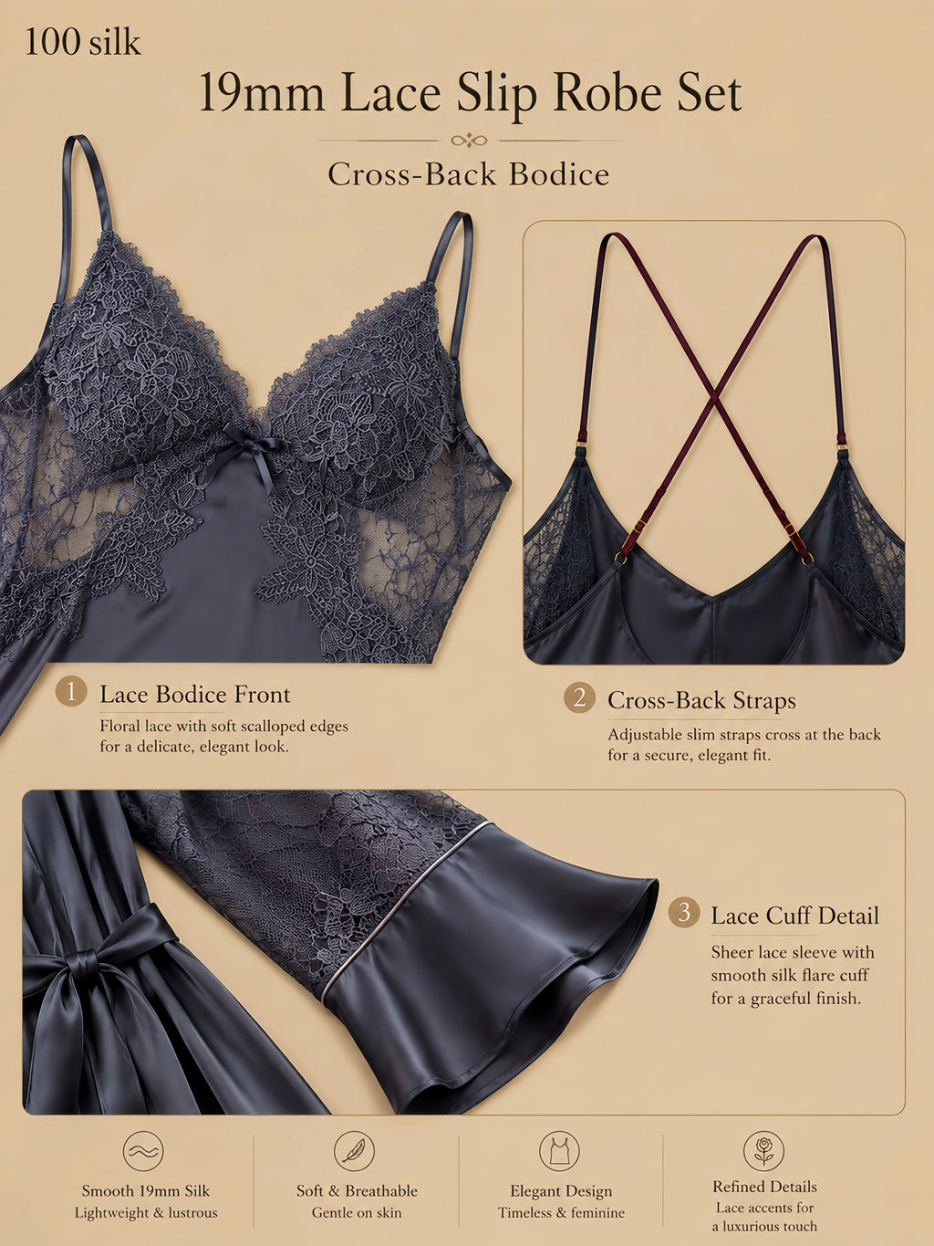 19mm dark gray silk lace slip robe set with floral lace bodice, cross-back straps, lace sleeve robe, and smooth drape