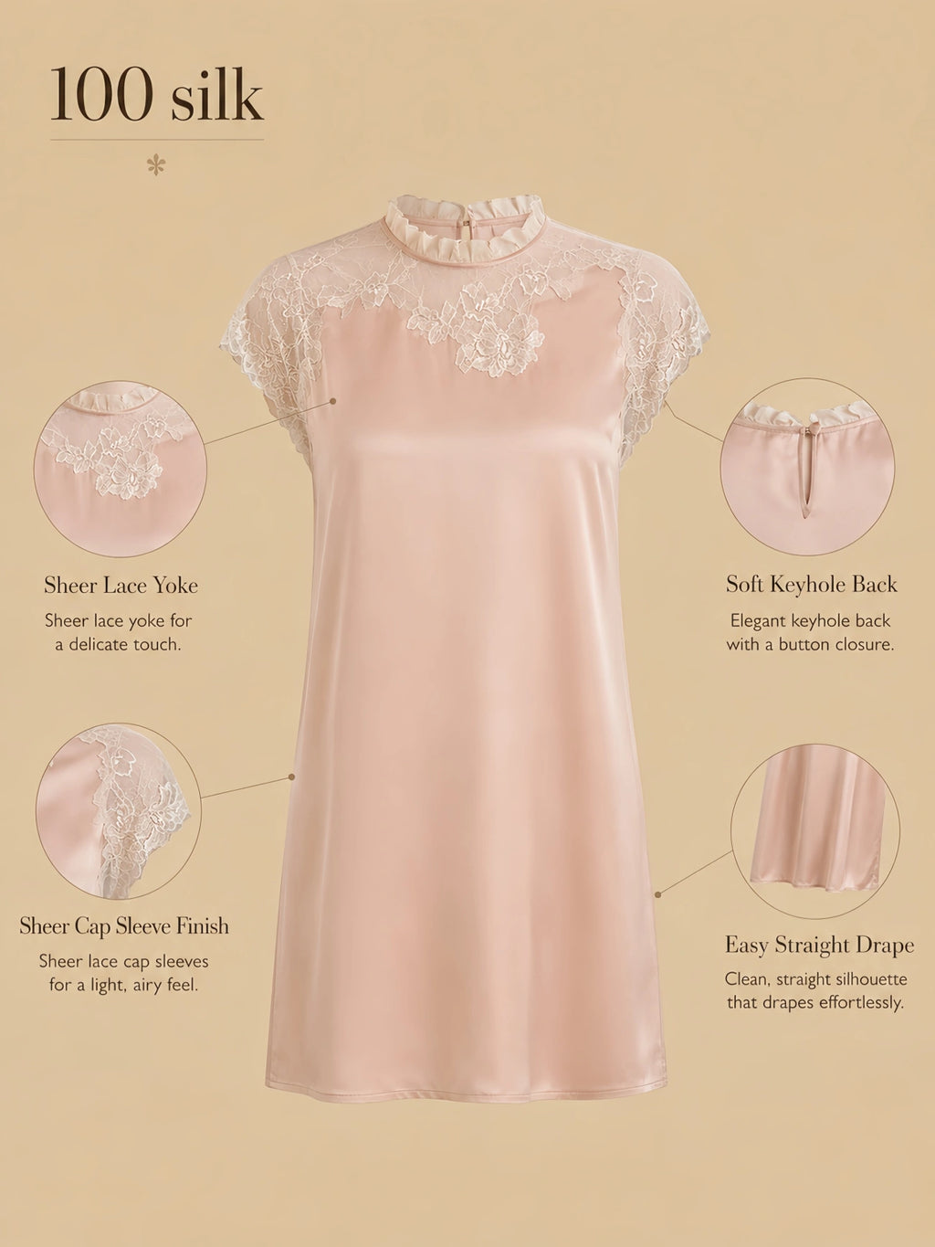 Silkgala 19mm 100% mulberry silk sleep dress detail image showing a sheer lace yoke, sheer cap sleeve finish, soft keyhole back, and easy straight drape.