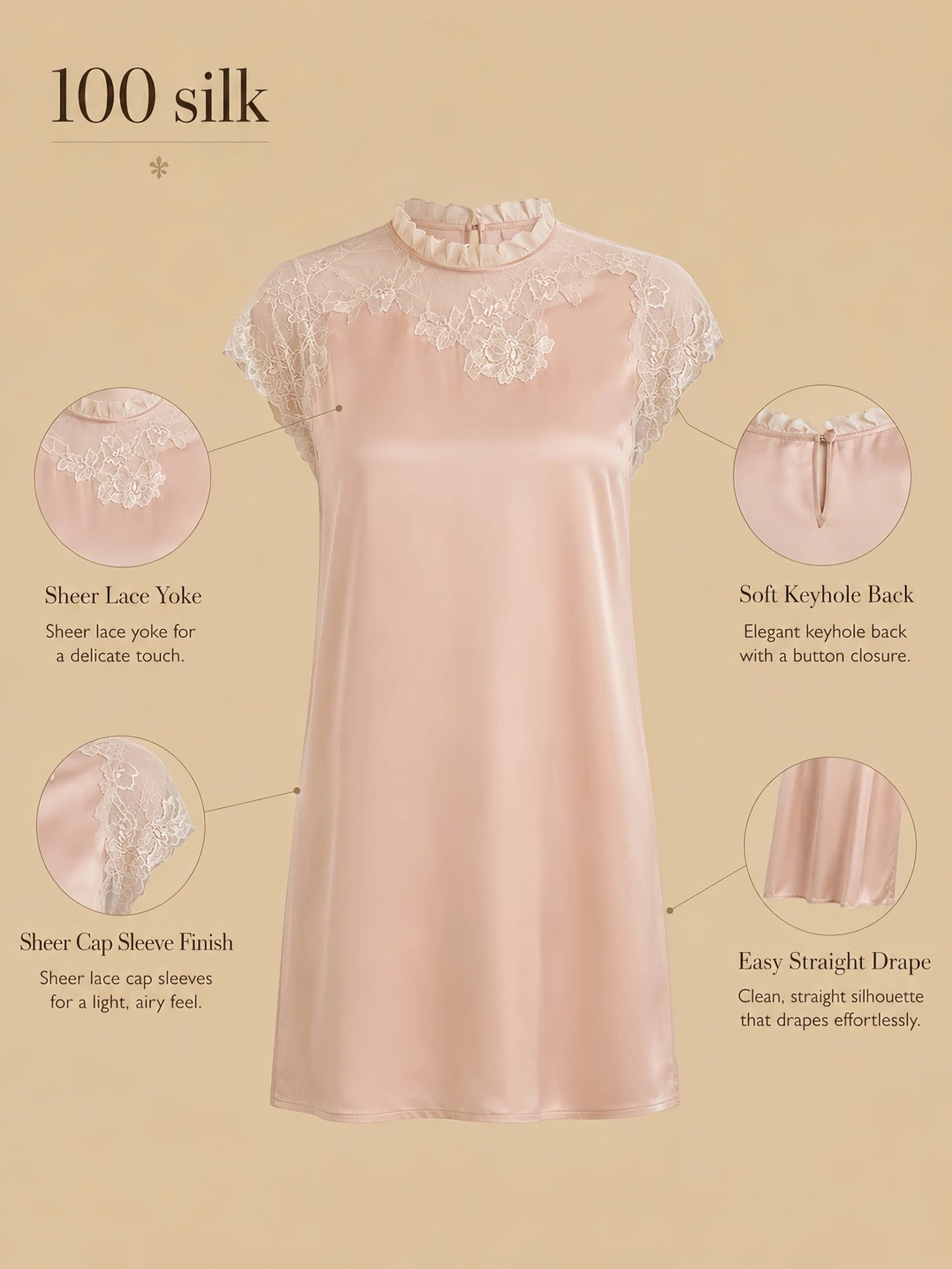 Silkgala 19mm 100% mulberry silk sleep dress detail image showing a sheer lace yoke, sheer cap sleeve finish, soft keyhole back, and easy straight drape.