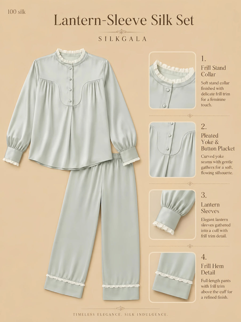 Silkgala 19mm lantern-sleeve silk pajama set flat lay in mint green with frill stand collar, pleated front yoke, button placket, frill cuff trim, and full-length pants on beige background.
