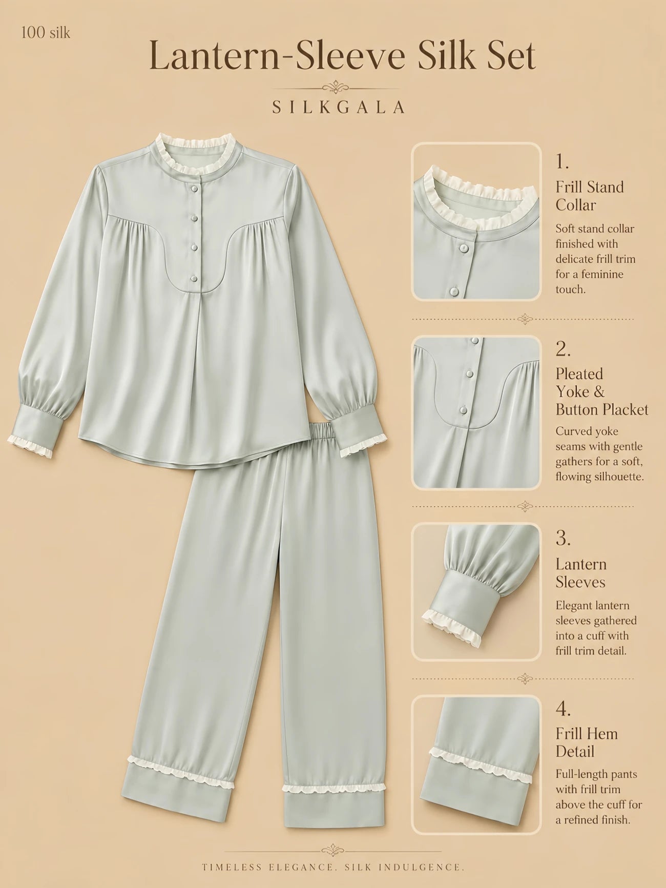 Silkgala 19mm lantern-sleeve silk pajama set flat lay in mint green with frill stand collar, pleated front yoke, button placket, frill cuff trim, and full-length pants on beige background.